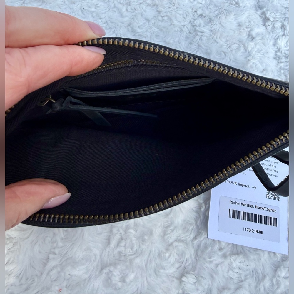 NWT Able Rachel Black Leather Wristlet Clutch with Tan Strap - Picture 3 of 6